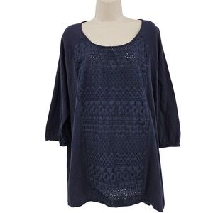 Lucky Brand Shirt Women 3X Blue Crochet Front Scoop Neck Tunic Boho Plus Size‎
